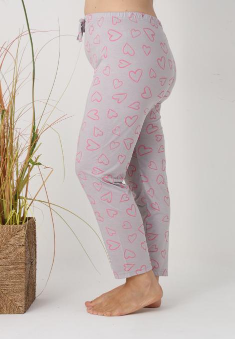 Pantaloni de Pijama Dama Lungi,Big Size,Culoare Gri cu Inimi Roz, Engros